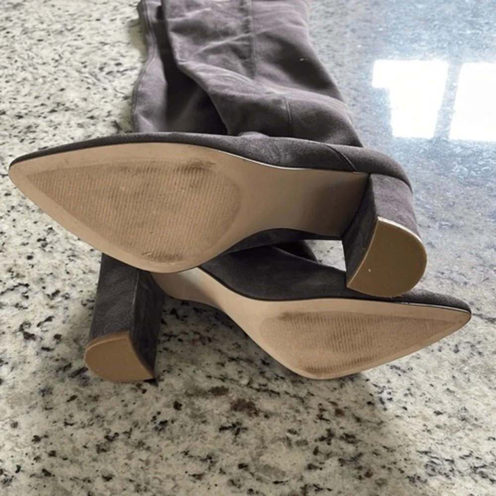 Everley Over‎ The Knee Boots Women 10M Grey Taupe Faux Suede Block Heel Pointed